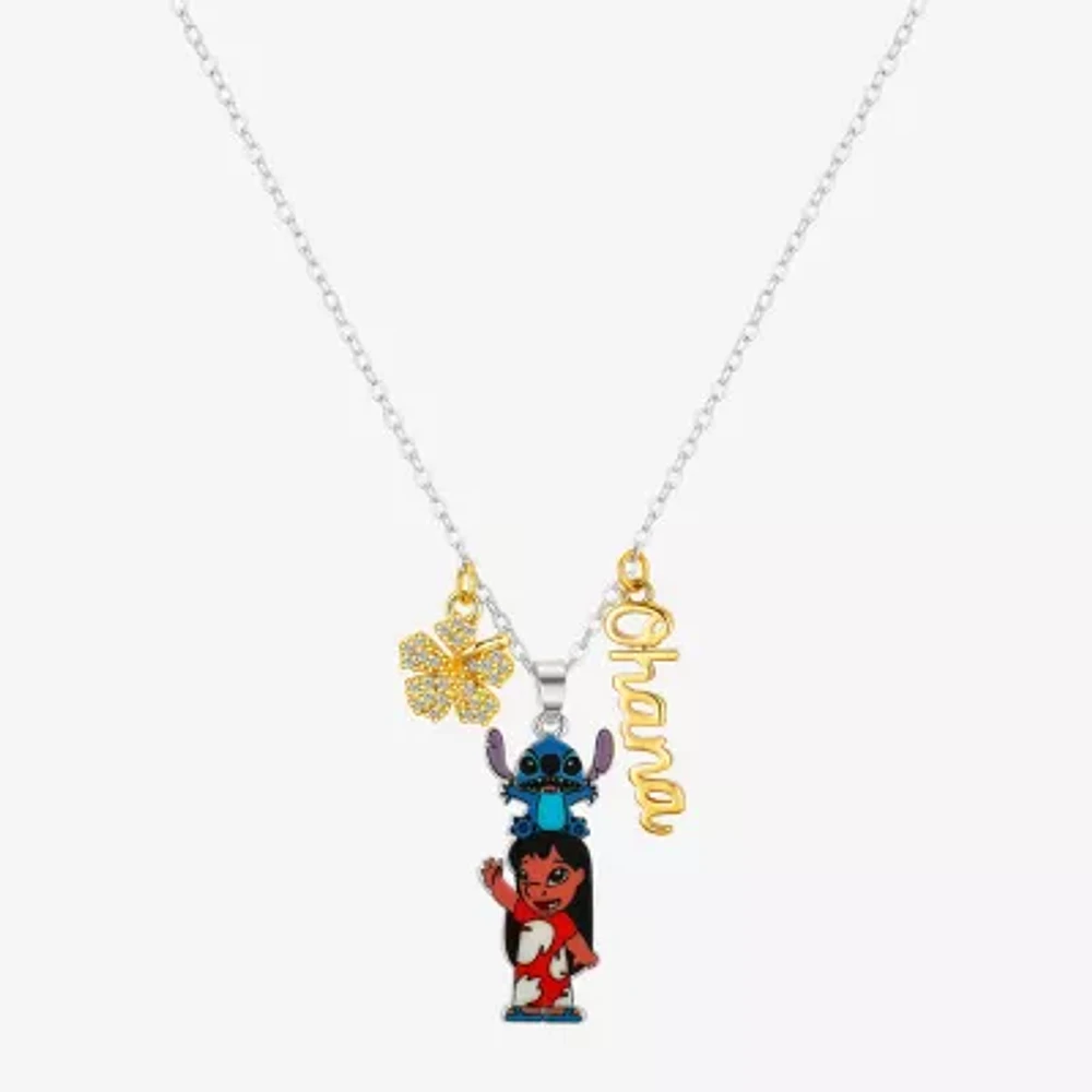 Disney Classics Ohana Womens Cubic Zirconia 10K Gold Over Brass Pure Silver Over Brass Flower 16 Inch Pendant Necklace