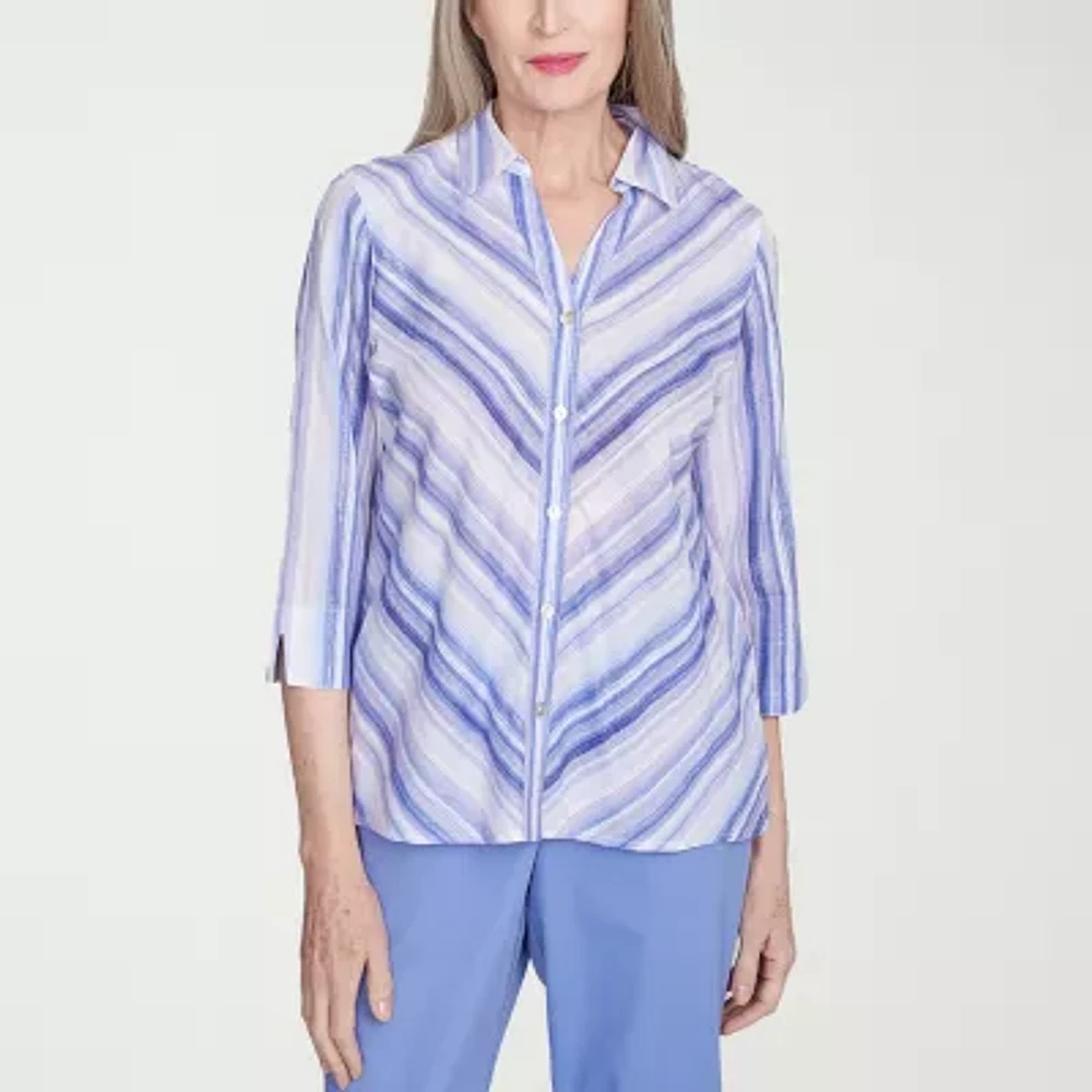 Alfred Dunner Santa Fe Womens 3/4 Sleeve Cuffed Button-Down Shirt