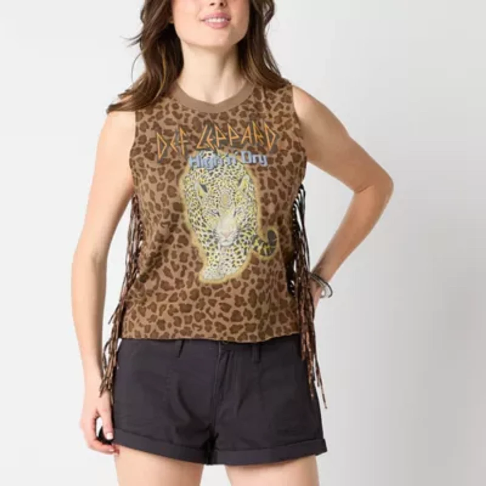 New World Def Leppard High N' Dry Fringe Tank Womens Crew Neck Sleeveless Loose Fit Juniors Graphic T-Shirt