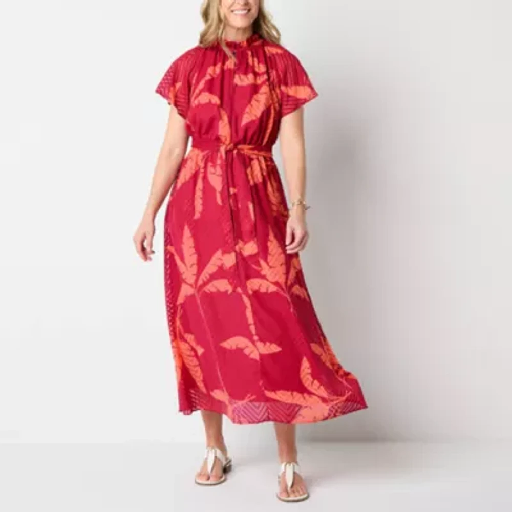 Liz Claiborne Womens Short Sleeve Midi Leaf A-Line Dress