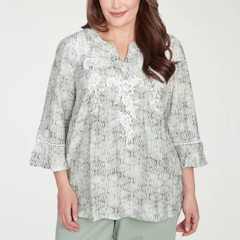 Alfred Dunner Santa Fe Womens Split Crew Neck 3/4 Sleeve Embroidered Plus Blouse