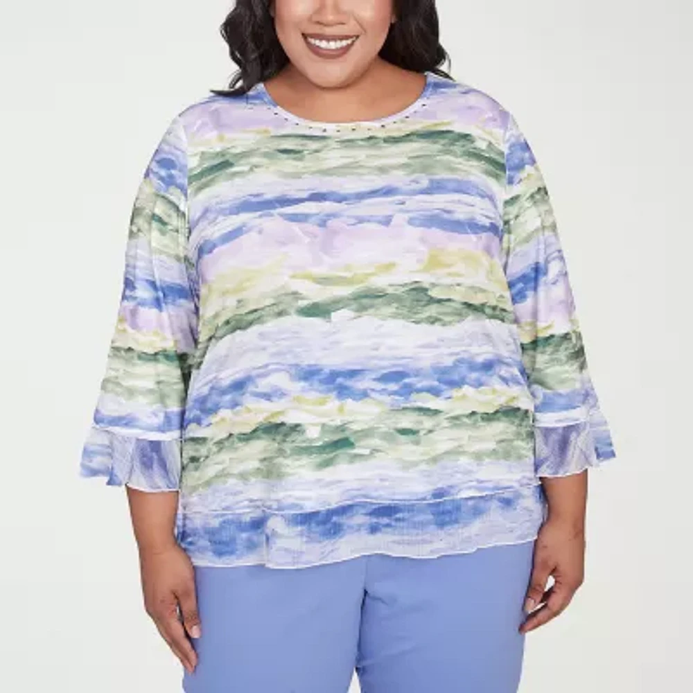 Alfred Dunner Santa Fe Womens Crew Neck 3/4 Sleeve Stretch Fabric Plus T-Shirt