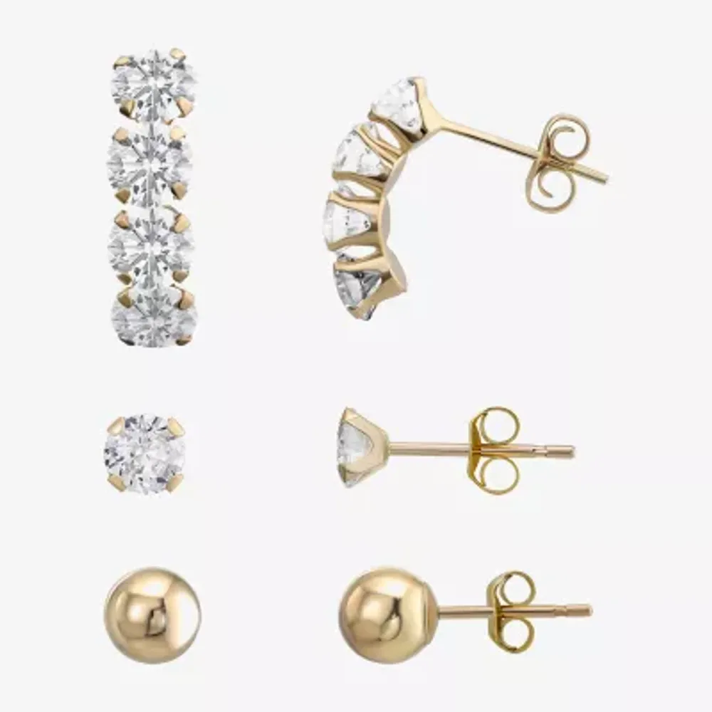 Womens Lab Created Cubic Zirconia 10K Gold Ball 3 Pair Earring Set