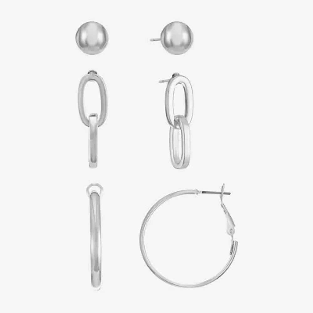 Liz Claiborne Stud, Drop And Hoop Womens Surgical Steel Hypoallergenic 3 Pair Earring Set