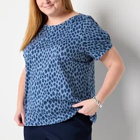 Liz Claiborne Womens Boat Neck Short Sleeve Plus Blouse