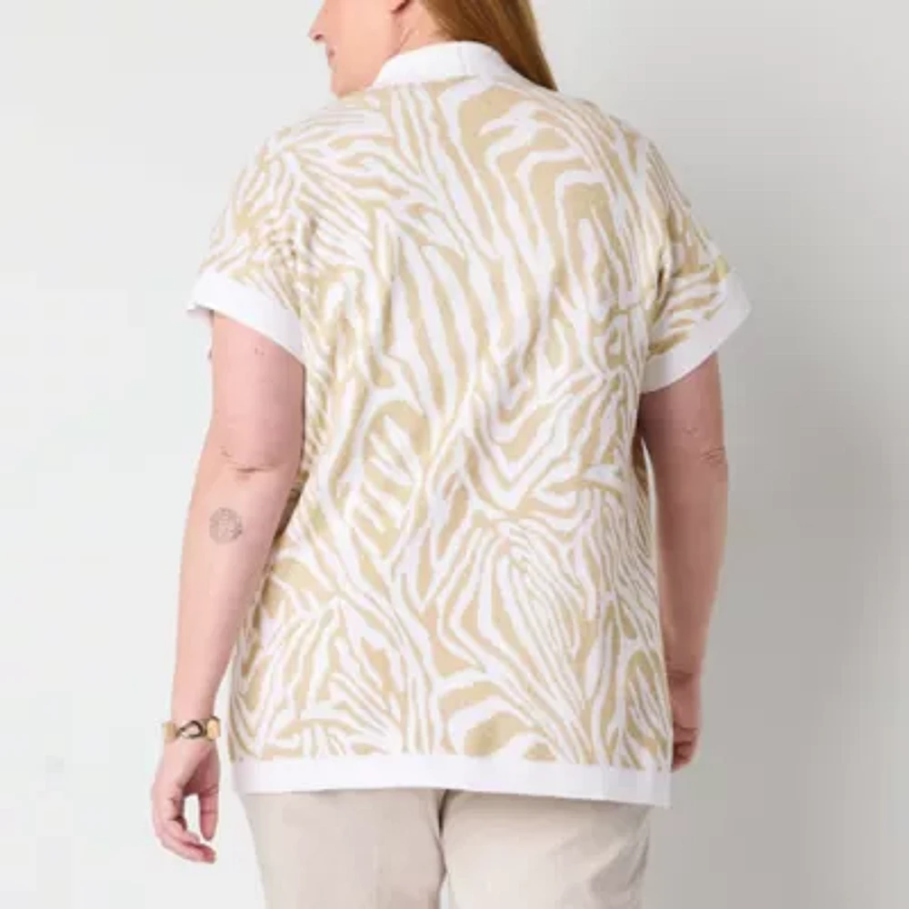 Liz Claiborne Womens Short Sleeve Open Front Plus Animal Cardigan