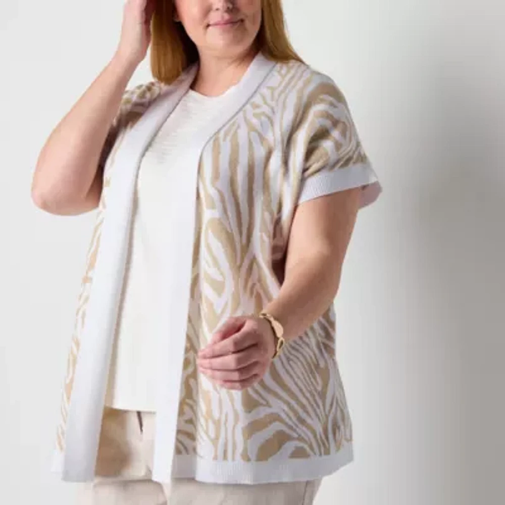 Liz Claiborne Womens Short Sleeve Open Front Plus Animal Cardigan