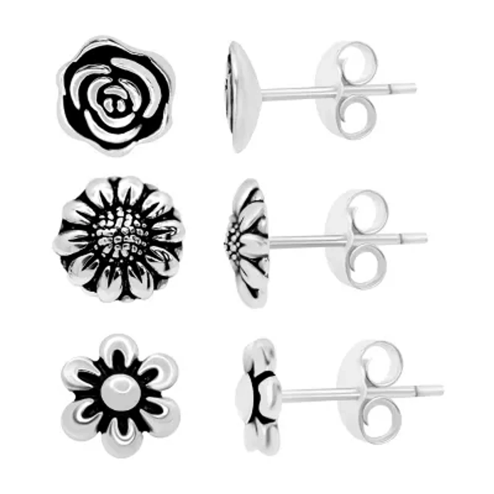 Silver Treasures Womens Sterling Silver Flower 3 Pair Earring Set