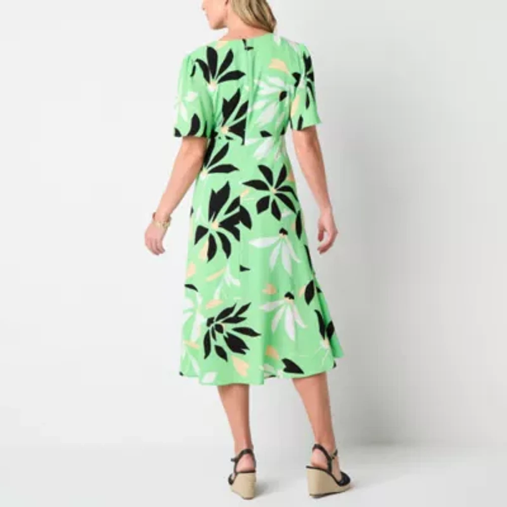 Liz Claiborne Womens Short Sleeve Midi Floral A-Line Dress