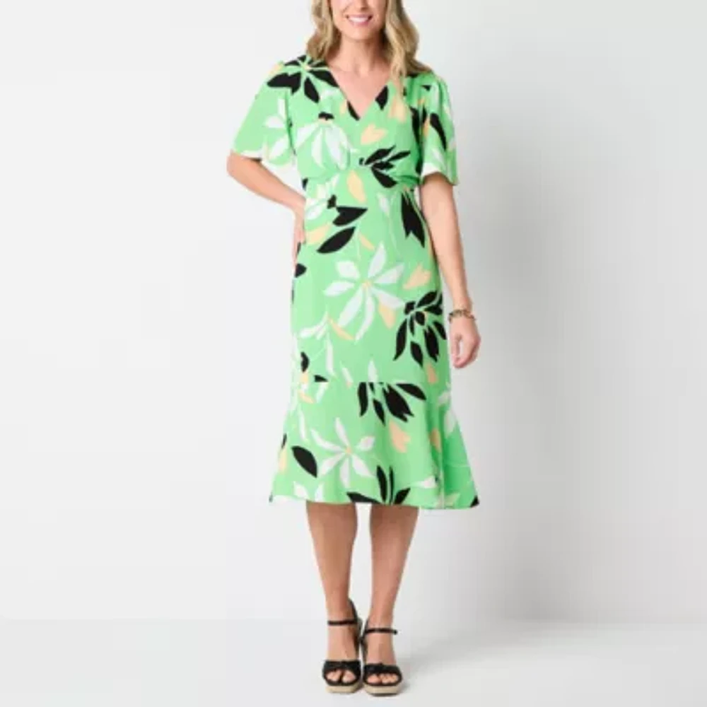 Liz Claiborne Womens Short Sleeve Midi Floral A-Line Dress