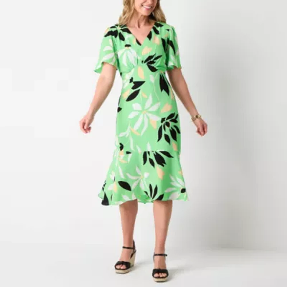 Liz Claiborne Womens Short Sleeve Midi Floral A-Line Dress