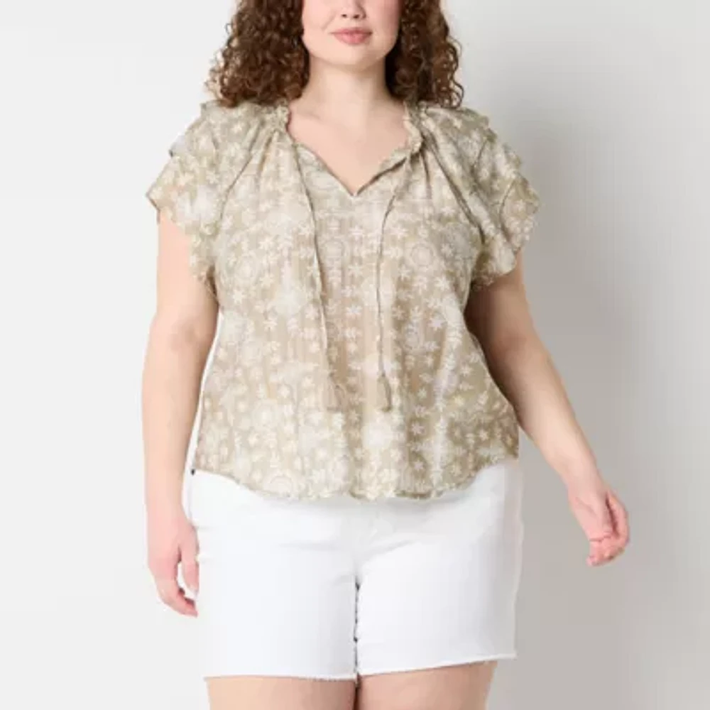 Frye and Co. Womens Split Tie Neck Short Sleeve Plus Blouse