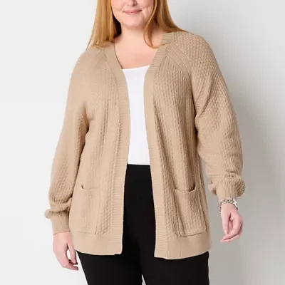 Liz Claiborne Womens Long Sleeve Open Front Plus Cardigan