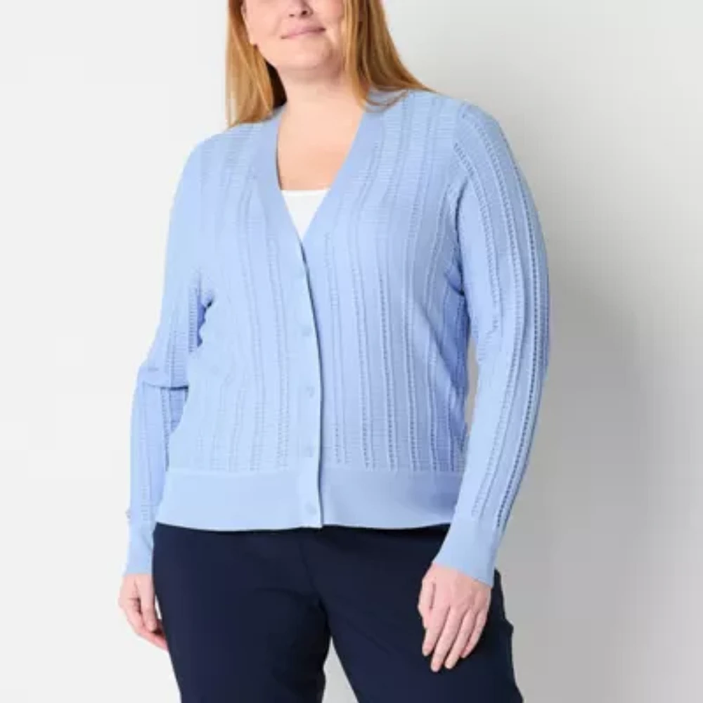 Liz Claiborne Womens Long Sleeve Button Plus Cardigan