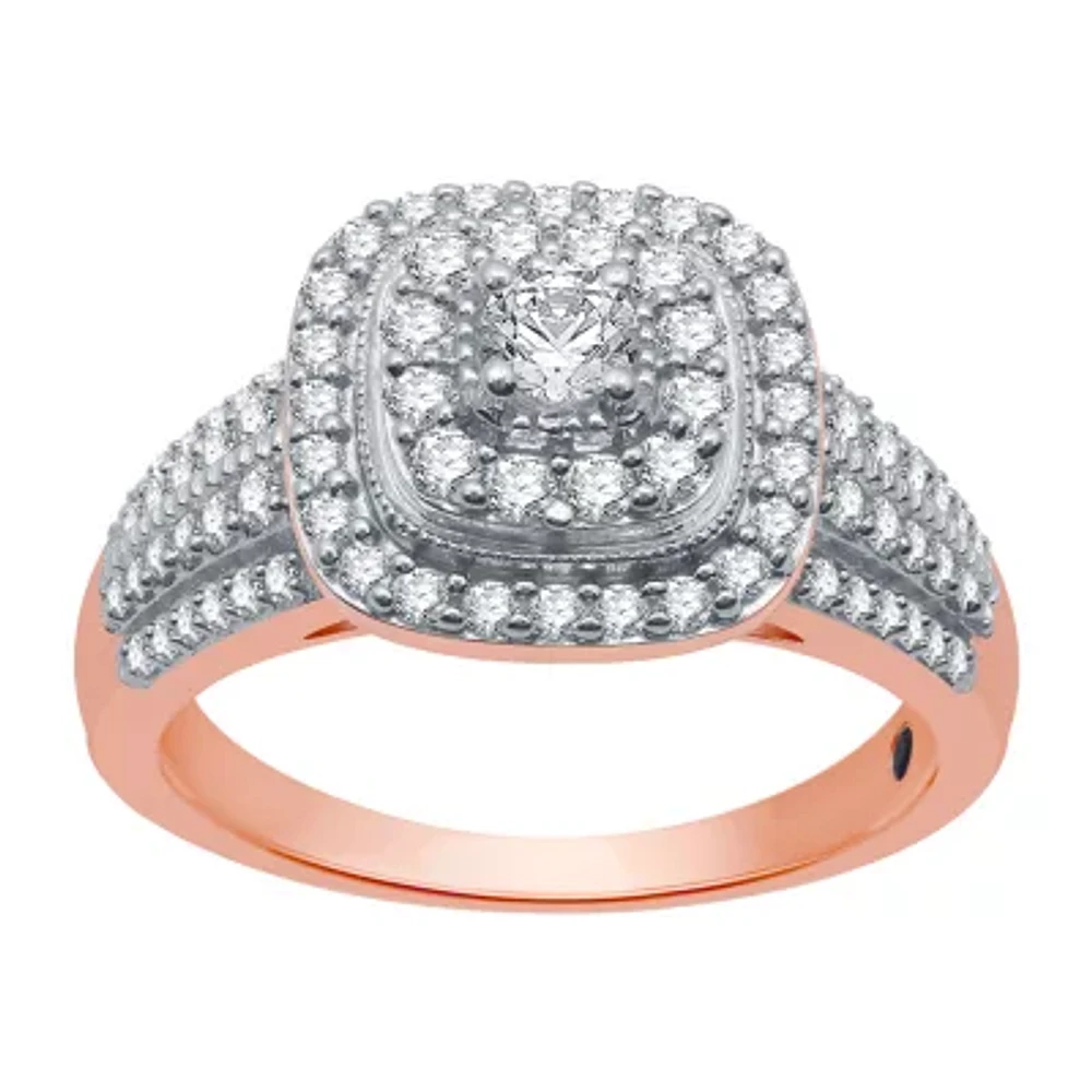 I Said Yes (H-I / I1) Womens 3/4 CT. T.W. Lab Grown White Diamond 14K Rose Gold Over Silver Sterling Side Stone Halo Engagement Ring