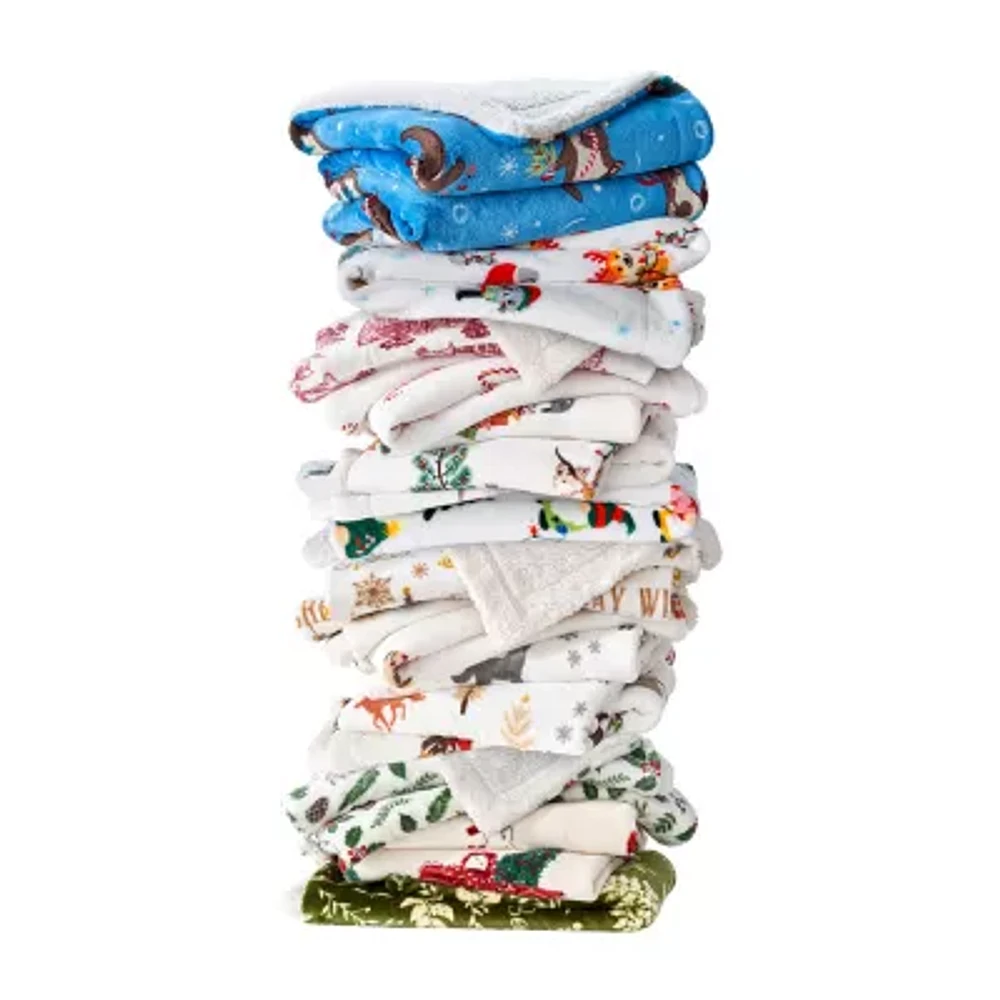 Linery Velvet Plush Sherpa Holiday Print Washable Reversible Midweight Throw