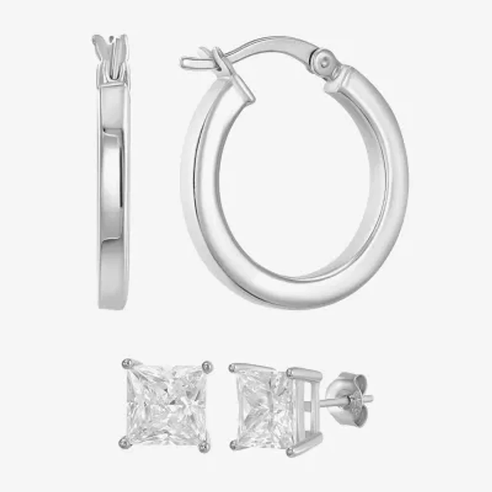 Womens Cubic Zirconia Sterling Silver Round 2 Pair Earring Set