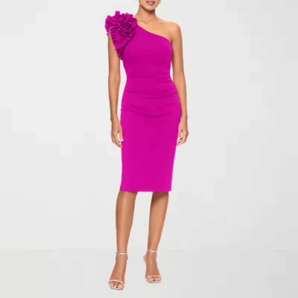 DJ Jaz One Shoulder Womens Applique Sleeveless Midi Sheath Dress