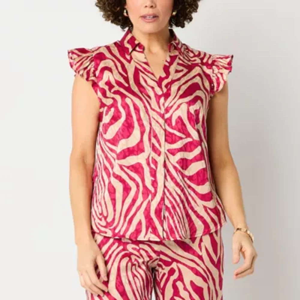 Liz Claiborne Womens Easy-on + Easy-off Sleeveless Flutter Sleeve Regular Fit Button-Down Shirt