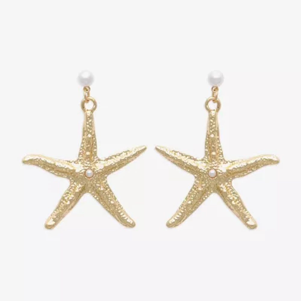 Bijoux Bar Gold Tone Starfish Womens Simulated Pearl Drop Earrings