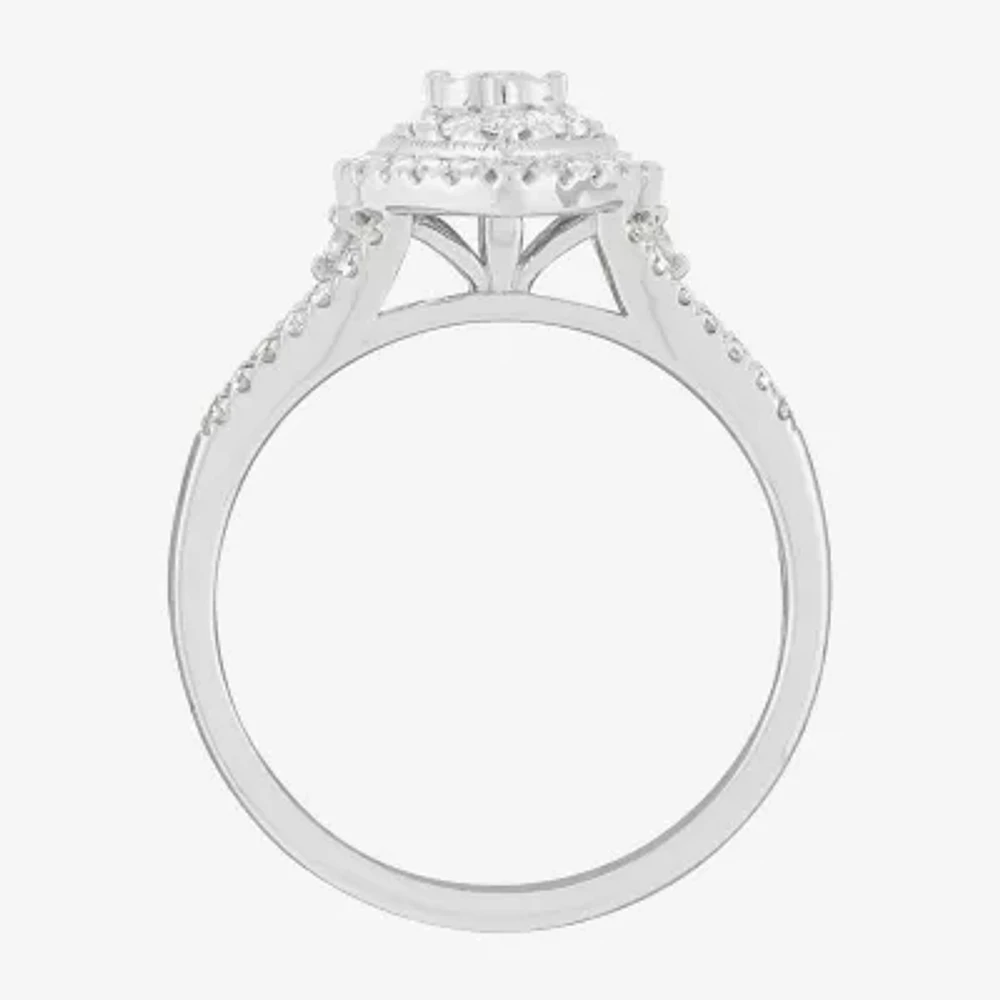 Womens 1/2 CT. T.W. Natural White Diamond 10K White Gold Pear Halo Engagement Ring