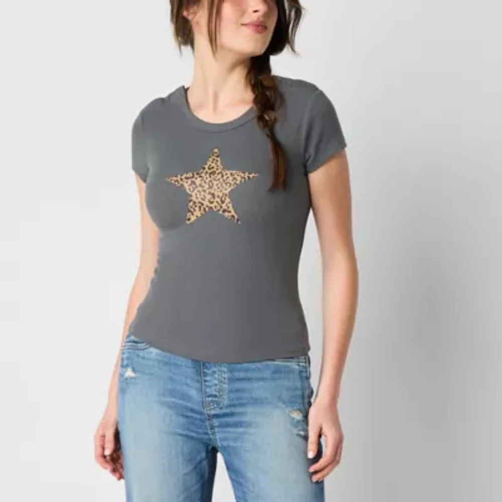 Arizona Womens Crew Neck Short Sleeve Adaptive Juniors Graphic T-Shirt