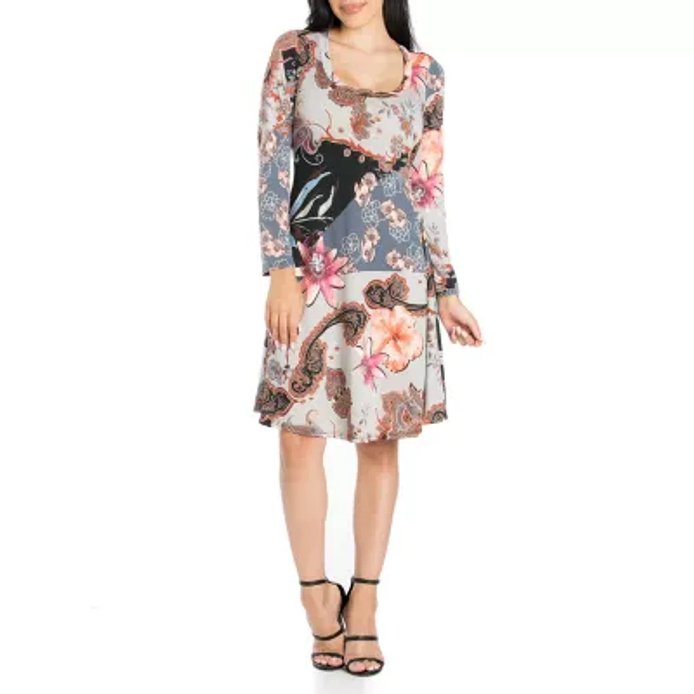 24seven Comfort Apparel Womens Long Sleeve Floral A-Line Dress