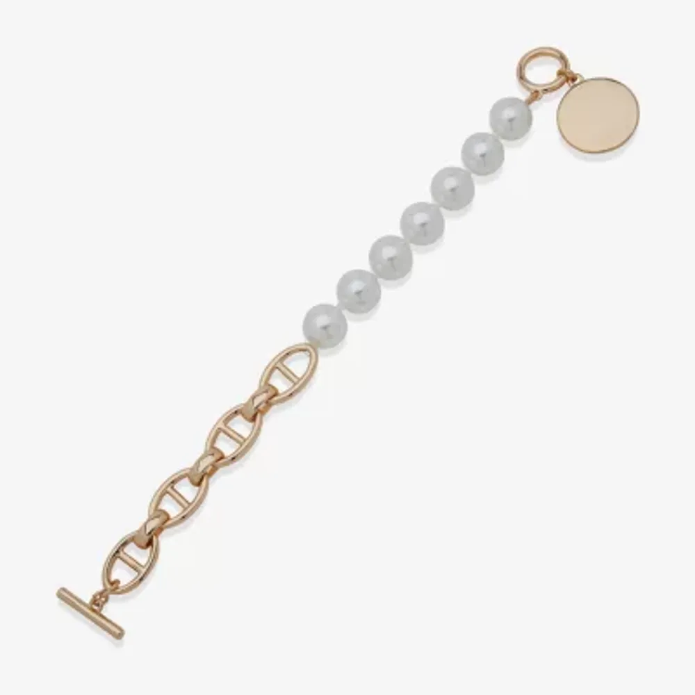 Worthington Gold Tone Half Beaded Toggle Womens 8 Inch Link Chain Bracelet