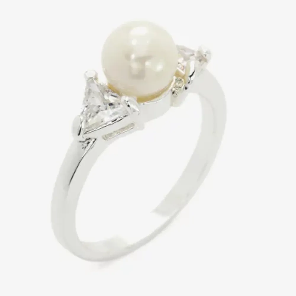 Sparkle Allure Three Stone Womens Simulated Pearl Pure Silver Over Brass Round 3-Stone Side Cocktail Ring