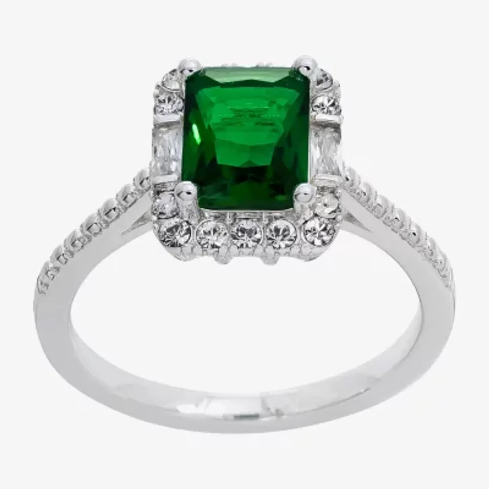 Sparkle Allure Womens Green Crystal Pure Silver Over Brass Halo Engagement Ring