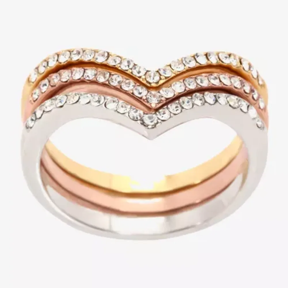 Sparkle Allure Curved Chevron Delicate Womens Crystal 14K Gold Over Brass 18K Rose Ring Set