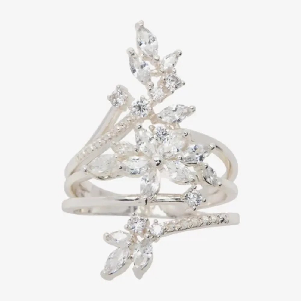 Sparkle Allure Wrap Womens Cubic Zirconia Pure Silver Over Brass Flower Bypass Cocktail Ring