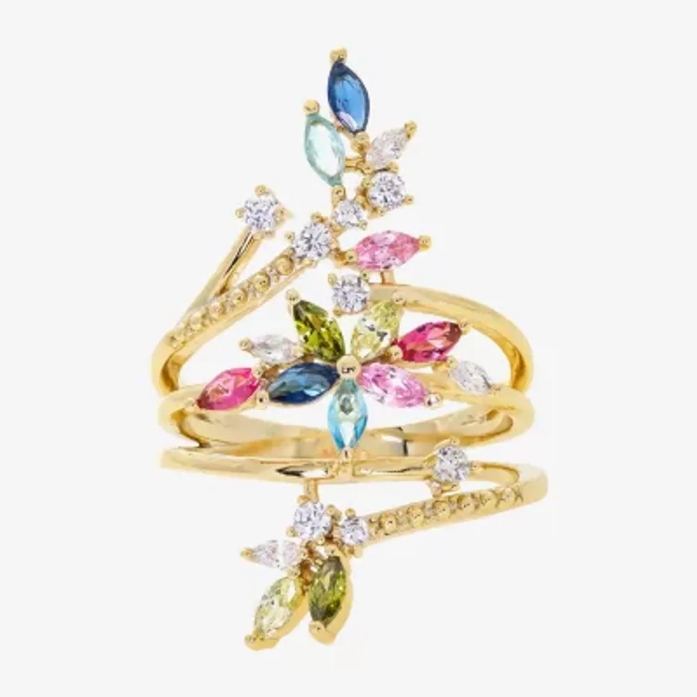 Sparkle Allure Wrap Womens Multi Color Cubic Zirconia 14K Gold Over Brass Flower Bypass Cocktail Ring