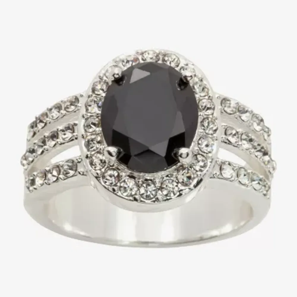 Sparkle Allure Split Shank Womens Black Crystal Pure Silver Over Brass Oval Halo Cocktail Ring