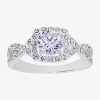 Sparkle Allure Twisted Split Shank Womens Cubic Zirconia Pure Silver Over Brass Round Halo Engagement Ring