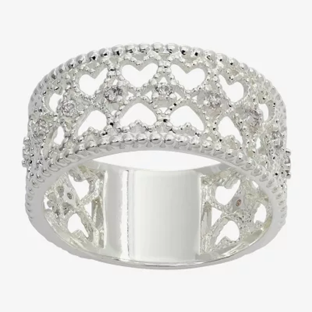 Sparkle Allure Double Row Textured Womens 8.5MM Crystal Pure Silver Over Brass Heart Band