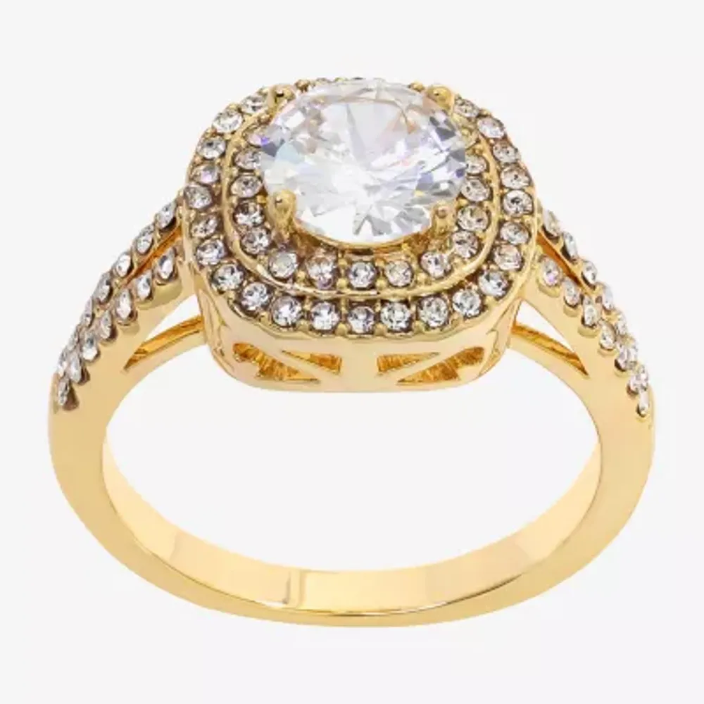 Sparkle Allure Split Shank Womens Cubic Zirconia 14K Gold Over Brass Round Halo Cocktail Ring