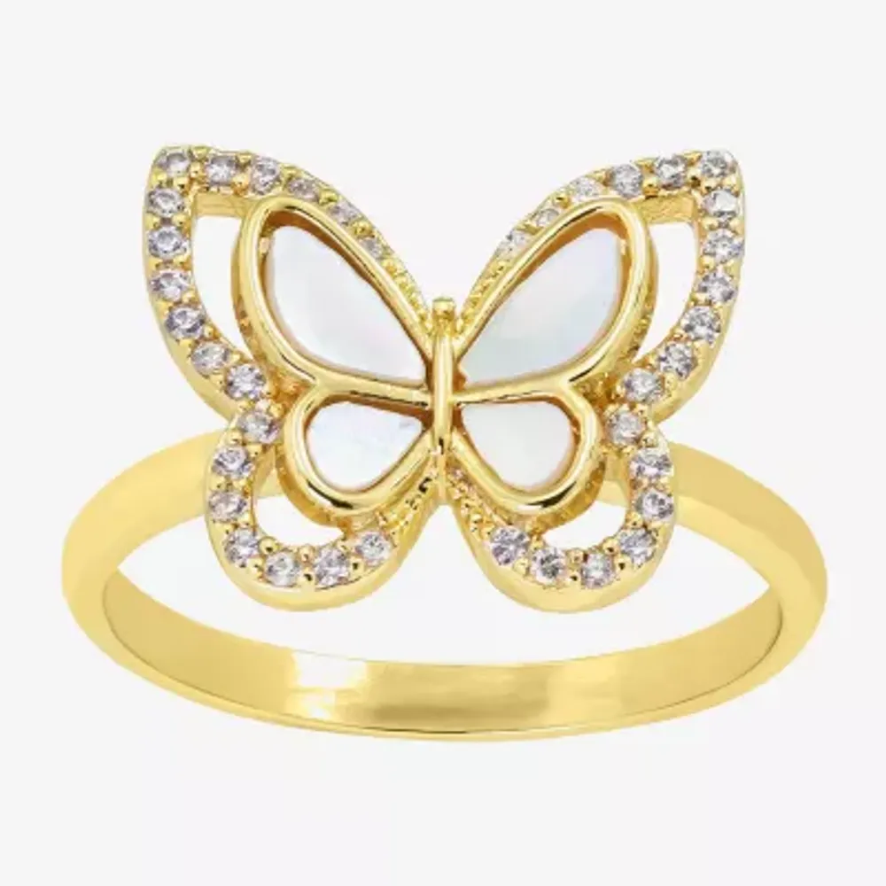 Sparkle Allure Womens White Mother Of Pearl 14K Gold Over Brass Butterfly Halo Cocktail Ring