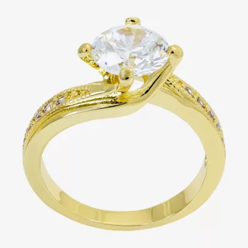Sparkle Allure Solitaire Bypass Womens Cubic Zirconia 14K Gold Over Brass Round Engagement Ring