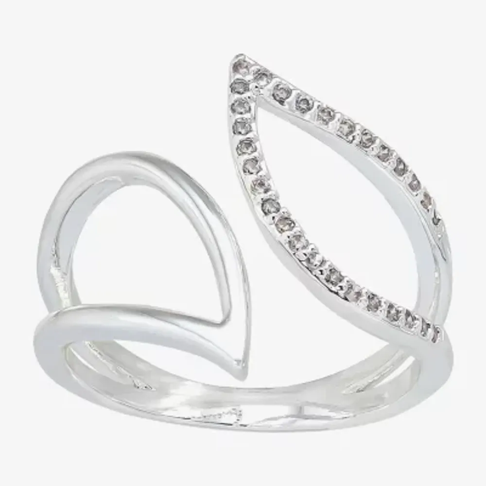 Sparkle Allure Leaf Womens 2MM Cubic Zirconia Pure Silver Over Brass Bypass Band