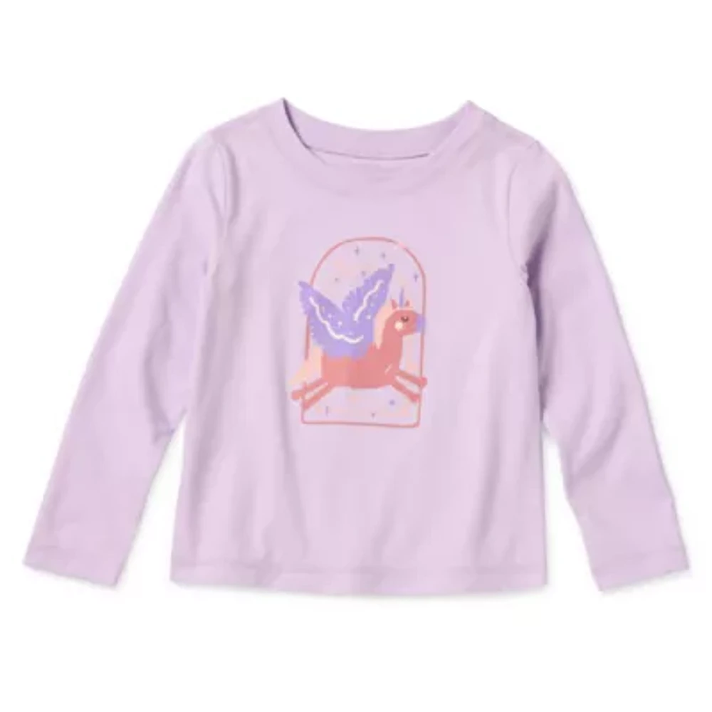 Okie Dokie Toddler Girls Sensory Friendly Round Neck Long Sleeve Adaptive Regular Fit Graphic T-Shirt