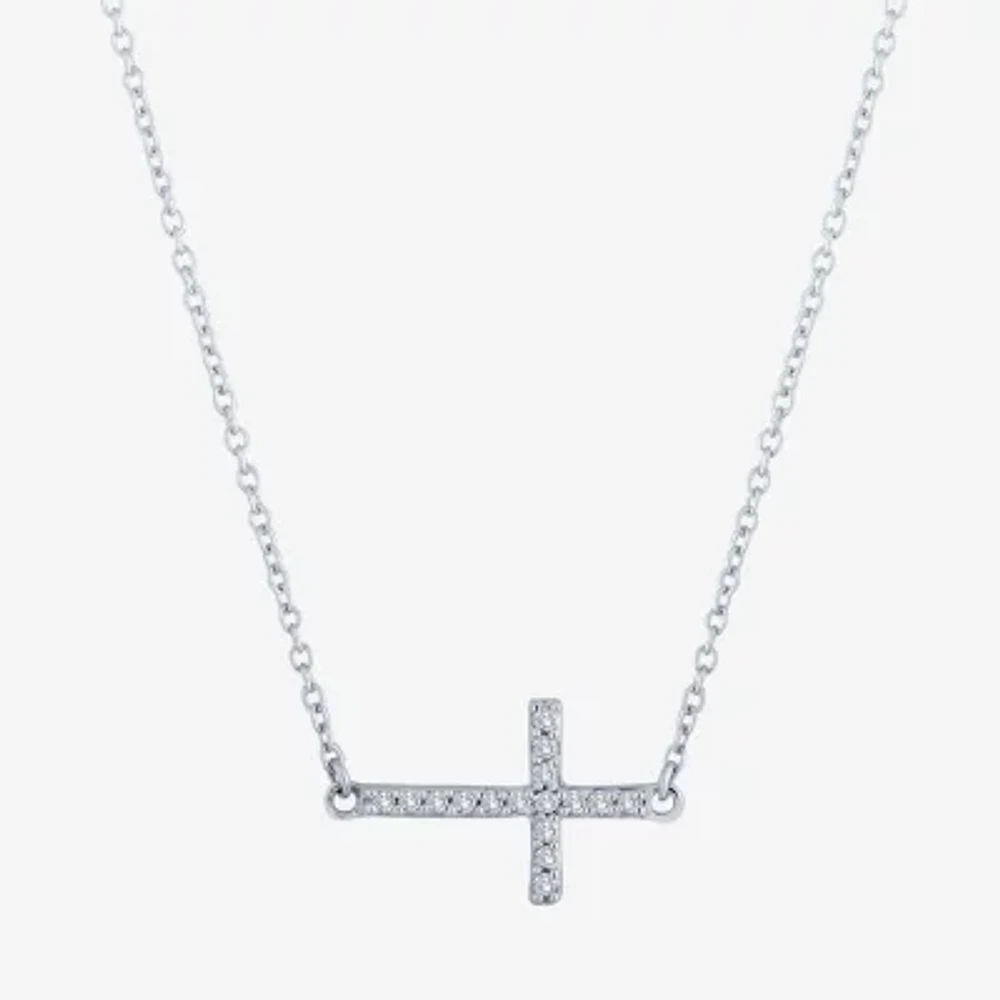 (G-H / Si2-I1) Sideways Womens 1/10 CT. T.W. Lab Grown White Diamond Sterling Silver Cross 18 Inch Pendant Necklace