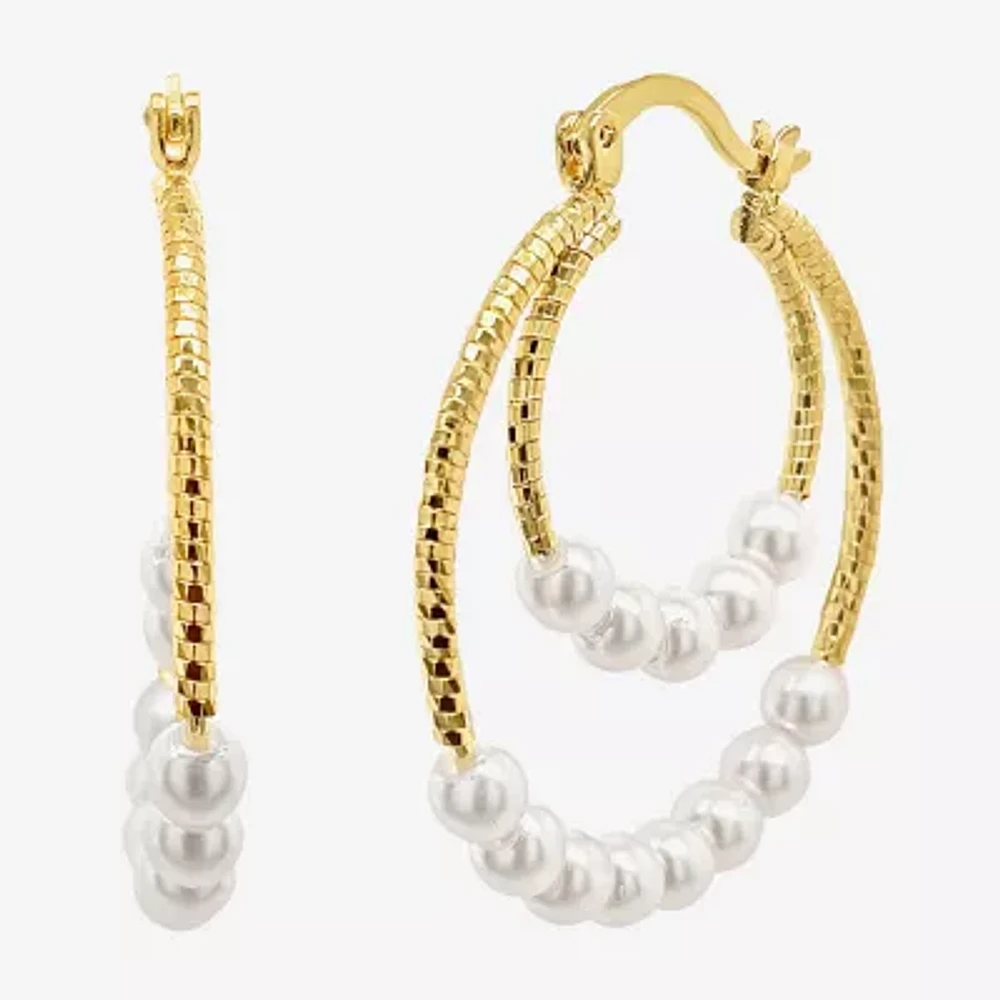 Sparkle Allure Double Row Womens White Simulated Pearl 14K Gold Over Brass 35mm Hypoallergenic Hoop Earrings
