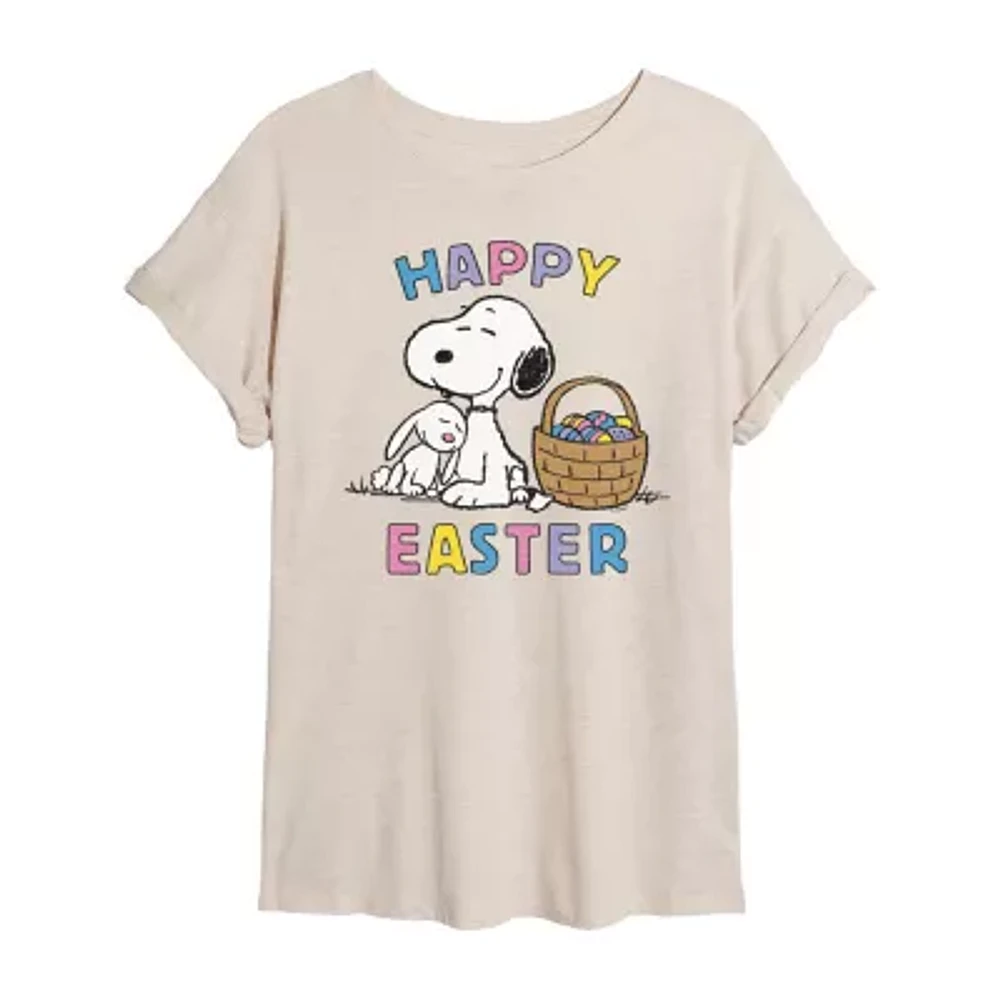Womens Scoop Neck Short Sleeve Oversized Peanuts Snoopy Juniors Graphic T-Shirt