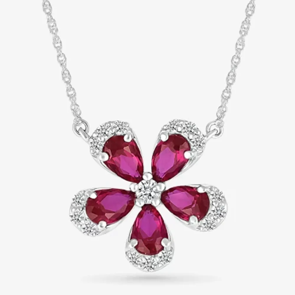 Womens Lab Created Red Ruby Sterling Silver Flower 18 Inch Pendant Necklace