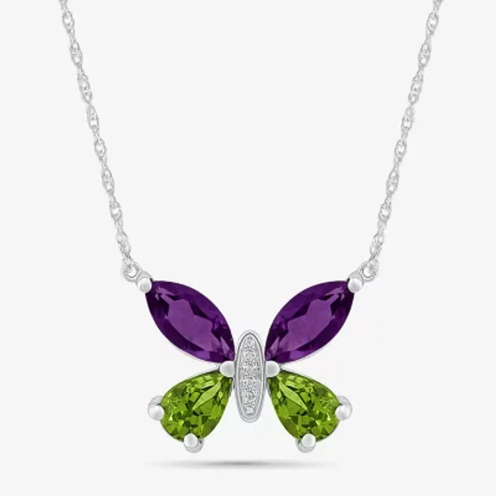 Womens Diamond Accent Genuine Purple Amethyst Sterling Silver Butterfly 18 Inch Pendant Necklace