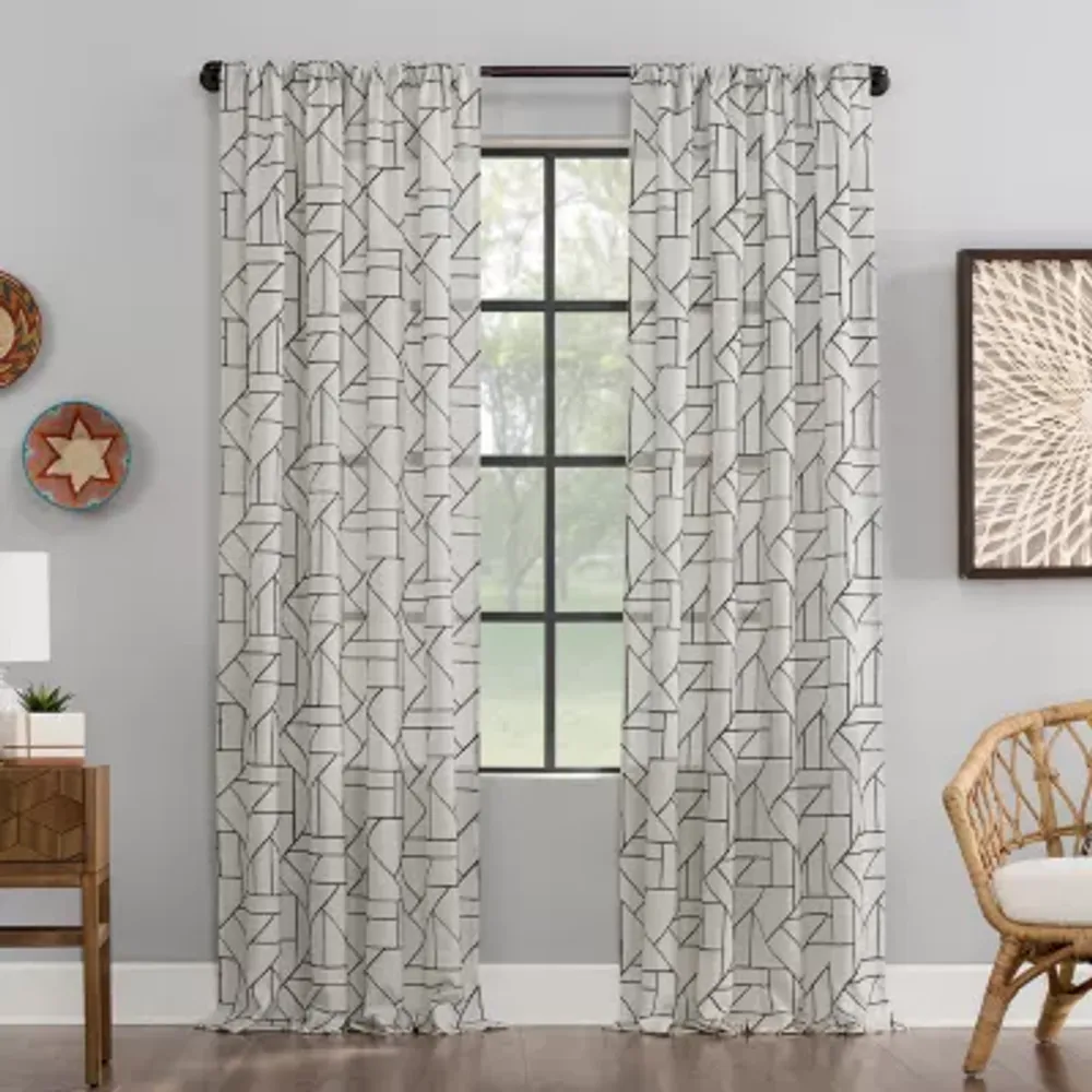 Archaeo Jigsaw Embroidery Linen Blend Rod Pocket Sheer Single Curtain Panel