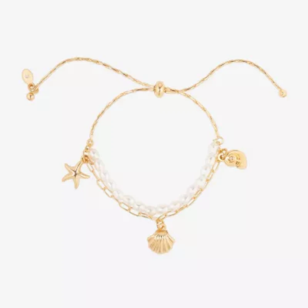 Bijoux Bar Delicates Gold Tone Womens Glass Simulated Pearl Charm Bracelet