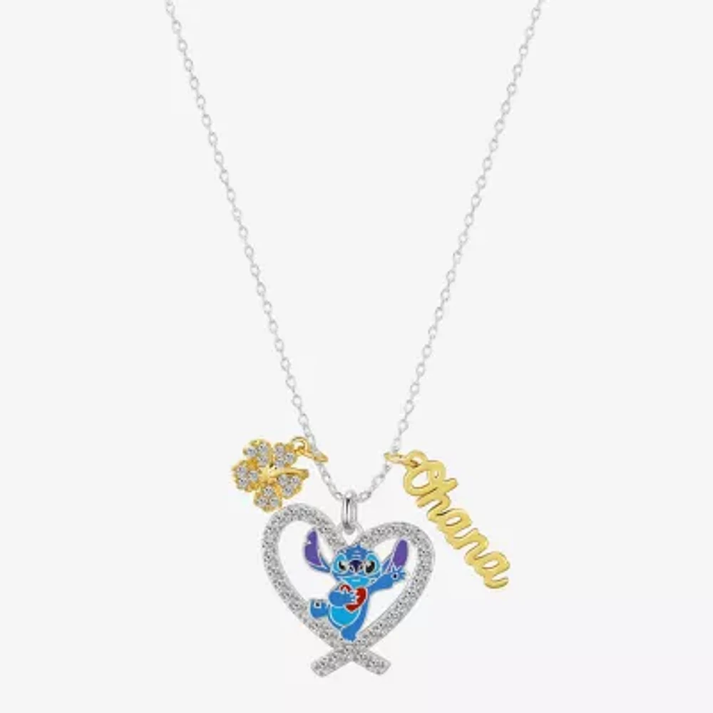 Disney Classics Ohana Womens Cubic Zirconia 10K Gold Over Brass Pure Silver Over Brass Flower Heart 16 Inch Pendant Necklace