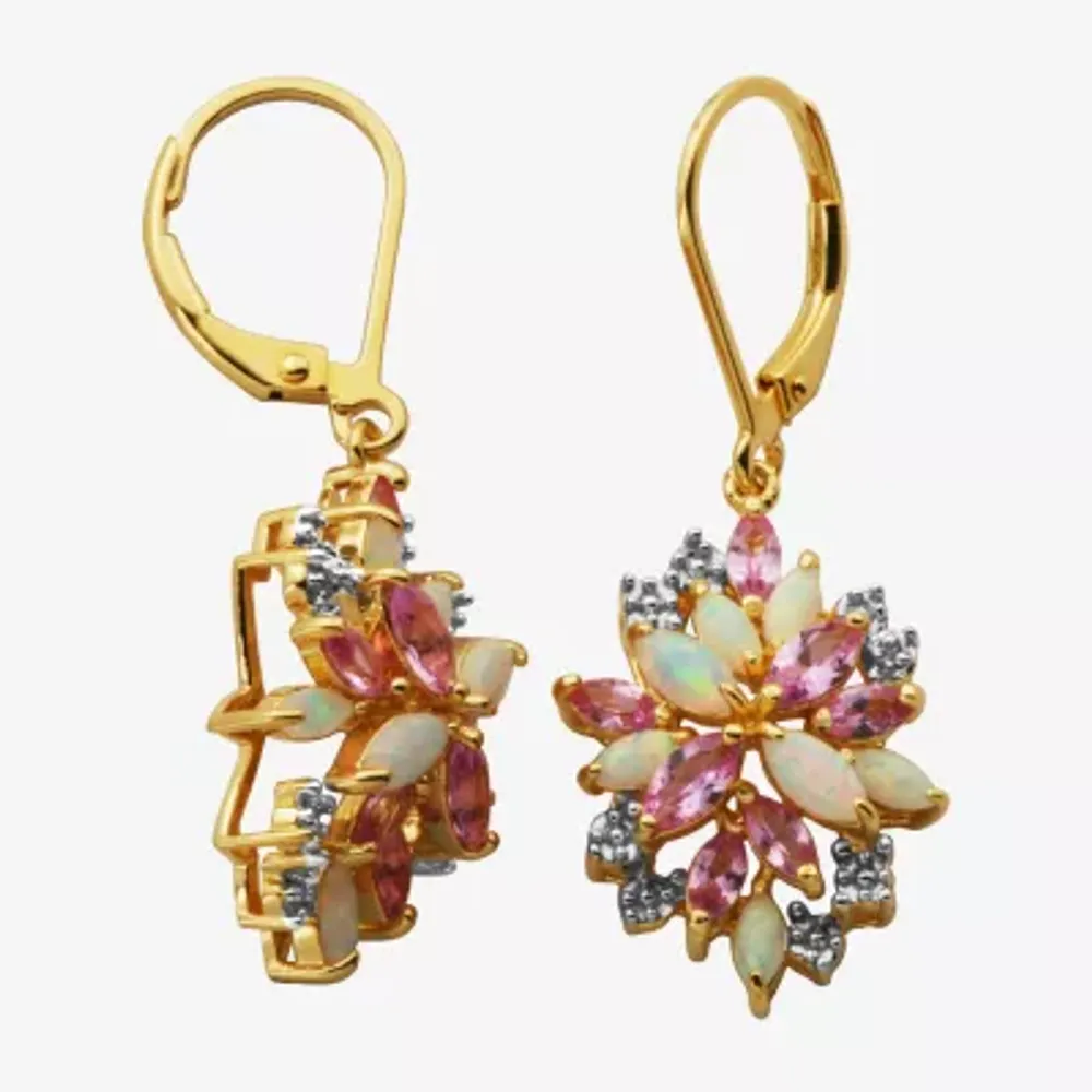 Womens Lab Created White Opal 14K Gold Over Silver Drop Earrings